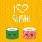 I love sushi. Kawaii funny sushi set with pink cheeks and big eyes, emoji. orange yellow background with japanese circle pattern.