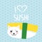 I love sushi. Kawaii funny Tamago Sushi Sweet Egg and white cute cat with pink cheeks and eyes, emoji. Baby blue background with j
