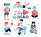 I love to read - children education poster with cartoon kids reading books