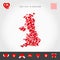 I Love United Kingdom. Red Hearts Pattern Vector Map of Great Britain. Love Icon Set
