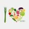 I love vegetables. Heart of vegetables. healthy food. Vector il