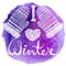 I love winter text and knitted woolen mittens heart on watercolor background. Seasonal shopping concept design for the