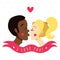 I love you card and background with kissing couple (African American young man and blonde young woman)