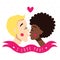 I love you card and background with kissing couple (young blonde man and African American young woman), ribbon and heart.