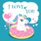 I love you card. Cute unicorn on sweet greeting banner