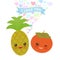 I love you Card design with Kawaii pineapple and persimmon with pink cheeks and winking eyes, pastel colors on white background. V