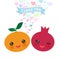 I love you Card design with Kawaii pomegranate and tangerine with pink cheeks and winking eyes, pastel colors on white background.