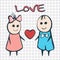 I love you, card for Valentine`s Day February 14th. Cartoon lovers boy and girl with heart