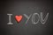 I love you. Chalk lettering on blackboard with volumetric red he