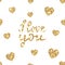 I love you-hand drawn glitter quote with sparkles. Gold glittering lettering card with hearts. Valentines day luxury design.