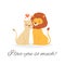 I love you lion lettering vector illustration, cartoon flat cute happy lion couple sitting together with pink loving