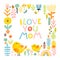 I love you mom. Cute cartoon birds mom and baby in a frame of flowers and comical lettering phrase with a rainbow in a colorful