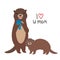 I Love You Mom. Funny brown kids otters with fish on white background. Excellent gift card for Mothers Day. Thanks mom. Kawaii