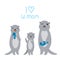 I Love You Mom. Kawaii grey otters with fish on white background. Excellent gift card for Mothers Day. Thanks mom. Applicable for