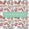 I love you more than donuts card, note. Hand drawn confectionery seamless pattern croissant Cupcake candy marshmallow ice cream