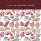 I love you more than donuts card, note. Hand drawn confectionery seamless pattern croissant Cupcake candy marshmallow ice cream