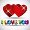 I love you phrase made with 3d colorful letters and two red hear