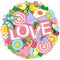 I love you. Rounder frame made of flowers, butterflies, birds kissing and the word love.