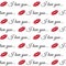 I love you. Seamless photo with kiss lips print and phrase. Valentine`s Day background. Festive design for fabric, wrapping paper,