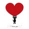 ``I love you`` text with cute black cats holding shining red heart. Happy Valentine`s day greeting card