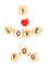 I love you written in scrabble pieces.