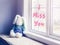 I miss you card with pink letters words text. Cute adorable lonely stuffed toy bunny sitting on a windsill by window. Concept of