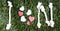 I and N letters and three paper heart cut outs on grass.