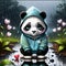 I noticed a sad scene a panda sitting on a bench wearing a hoodie, with a broken heart lying on the ground next to them.