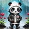 I noticed a sad scene a panda standing in the garden, wearing a hoodie, with a broken heart lying on the ground next to them.