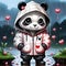 I noticed a sad scene a panda standing in the garden, wearing a hoodie, with a broken heart lying on the ground next to them.