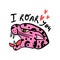 I roar you lettering and bizarre Valentines pink leopard asian head character. Panther groovy cartoon roaring face