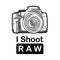 I Shoot RAW, a hand drawn vector line art of a digital mirrorless camera with I Shoot RAW caption