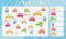 I spy game. Childrens educational fun. Count how many cars. Flat hand drawn automobile, van, machine and word. Vector template