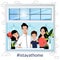 I stay at home, self-isolation and quarantine concept. Family with two kids look through the window. Vector illustration