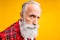 I think you are liar. Closeup photo of cool grandpa guy stylish long beard have doubts looking suspicious wear tartan