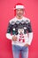 I wish. xmas shopping time. prepare gifts and presents. just have fun. man in knitted sweater. handsome mature man in