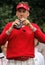 Ian Poulter uses a Laser distance measuring device