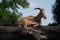 Iberian female capricorn resting on a tree trunk in the zoo