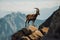 ibex balancing on a cliffside with the view of a mountain range in the background