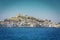 Ibiza Eivissa old town with blue Mediterranean sea city view
