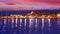 Ibiza Eivissa town sunset with city lights reflection in Mediterranean sea of balearic Islands