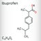 Ibuprofen molecule, is a nonsteroidal anti-inflammatory drug NSAID drug. Structural chemical formula