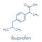 Ibuprofen pain and inflammation drug NSAID molecule. Skeletal formula.