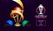 ICC Men\\\'s Cricket World Cup India 2023 Banner Design with Golden Champion Trophy Cup and Cricket Helmets of Participating