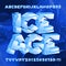 Ice age alphabet font. Frozen 3d letters and numbers on blue polygonal background.