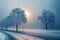 Ice age with frozen winter nature landscape with tree in hoarfrost and snow-covered road during christmas evening