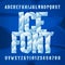 Ice alphabet font. Frozen letters and numbers on blue background.