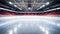 An ice arena, an empty hockey rink with stands.