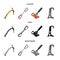 An ice ax, a carbine and other equipment.Mountaineering set collection icons in cartoon,black,monochrome style vector