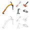 An ice ax, a carbine and other equipment.Mountaineering set collection icons in cartoon,outline style vector symbol